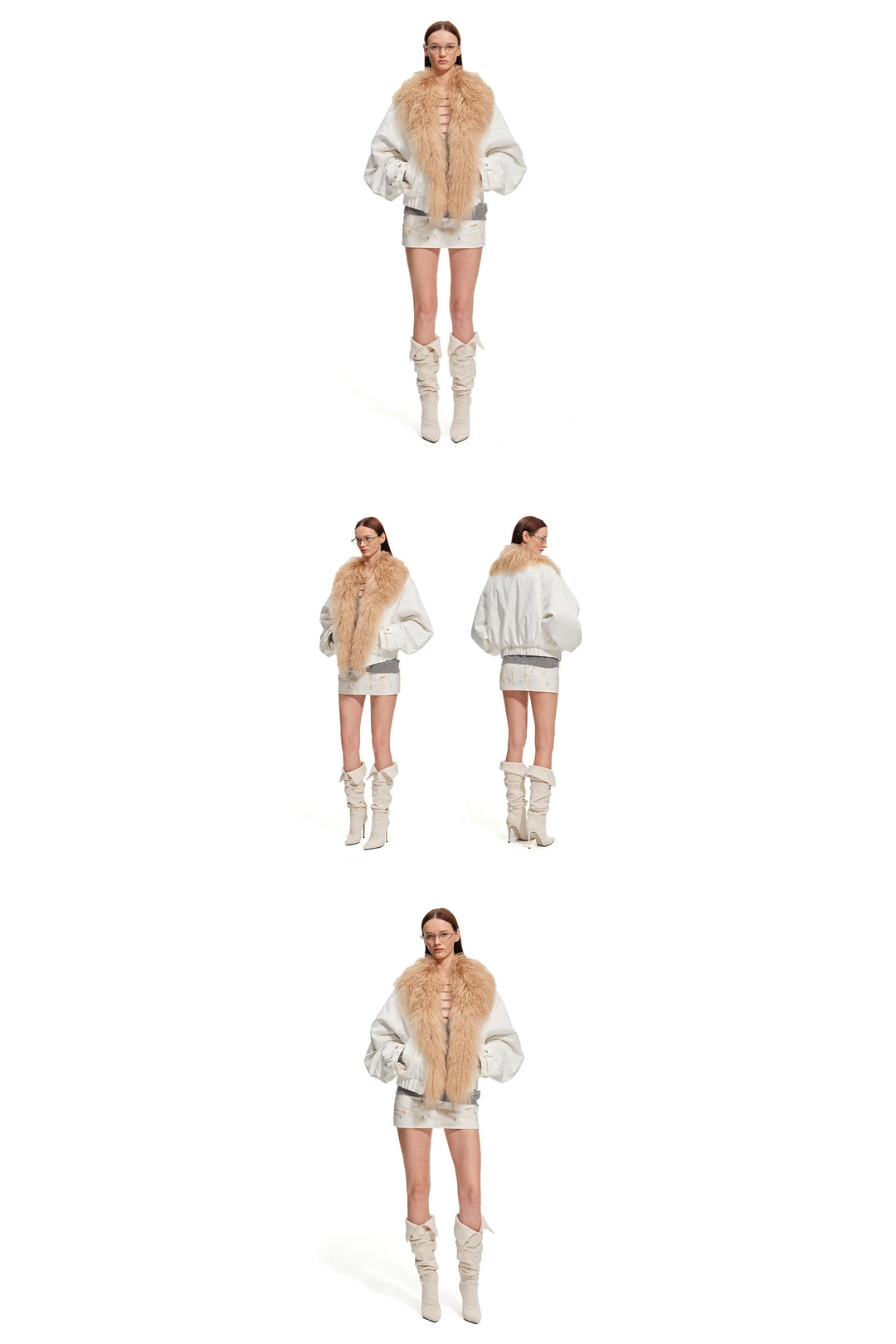 NAWS ARCTIC shearling-collar padded denim jacket — modeled detail view of the garment construction