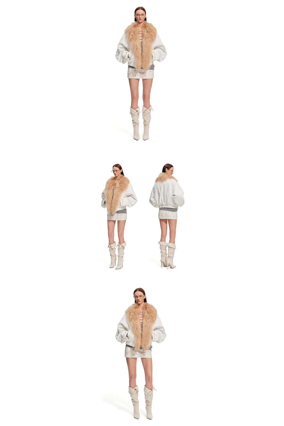 NAWS ARCTIC shearling-collar padded denim jacket — modeled detail view of the garment construction