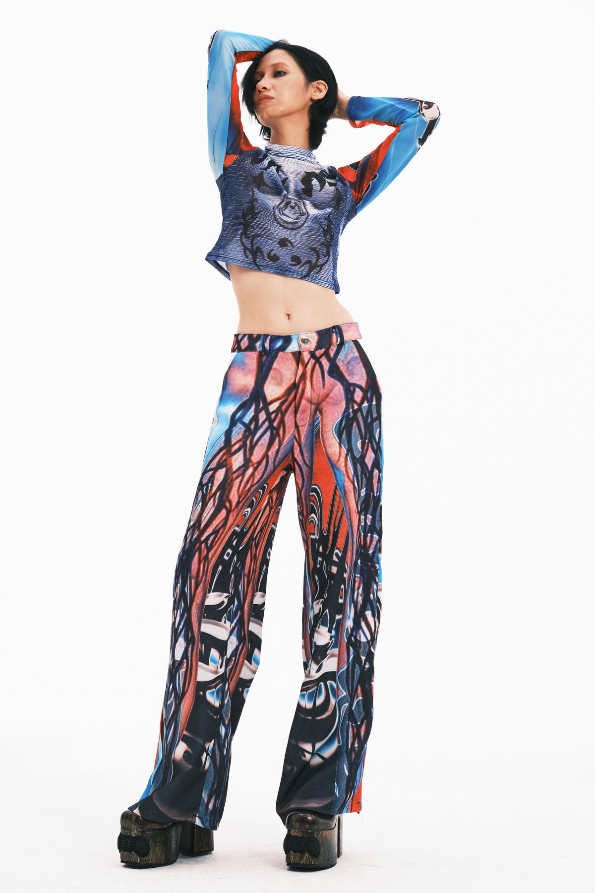 EMBRYO MYSTIC TOTEM fitted mesh crop top — alternate modeled angle