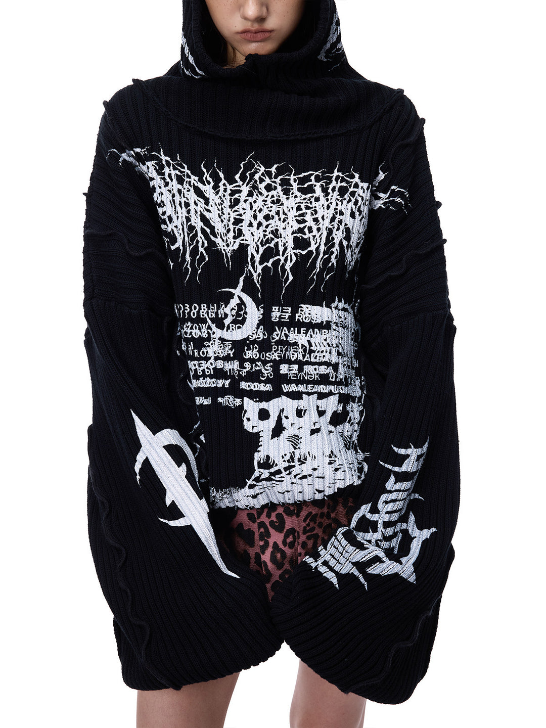 PINKSPINK THORN SIGNAL hooded graphic knit sweater — front graphic and sleeve detail