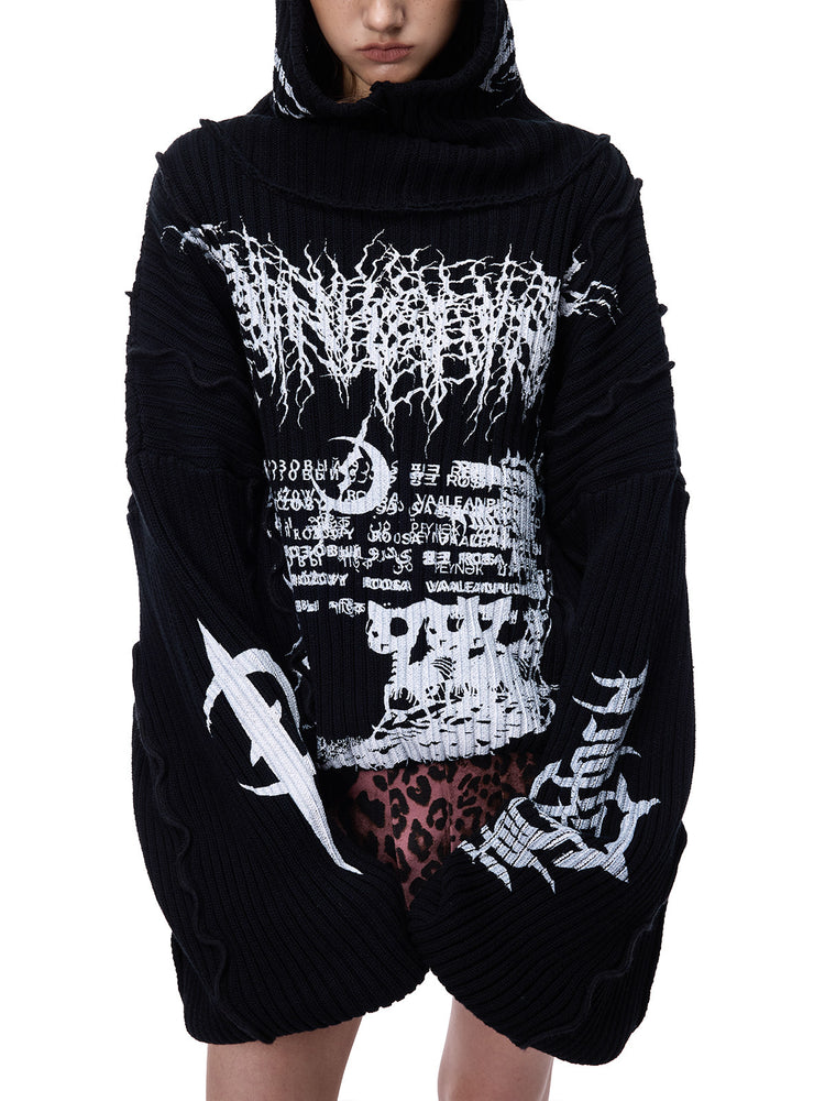 PINKSPINK THORN SIGNAL hooded graphic knit sweater — front graphic and sleeve detail