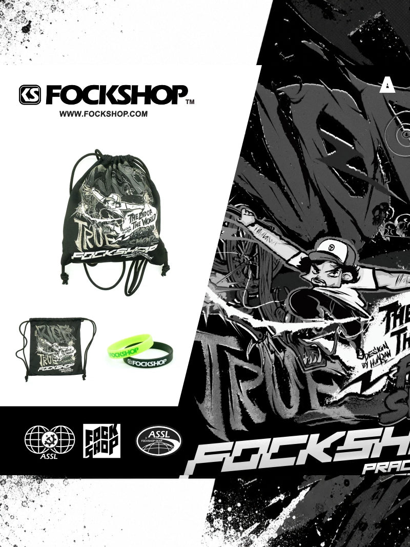 FOCKSHOP MASKPACK drawstring backpack — black-and-white comic design with matching graphic close-up