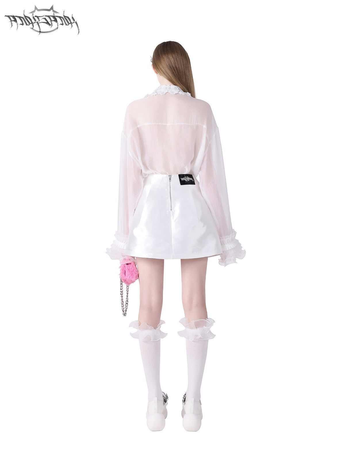 PINKSPINK FAIRY lace-trim sheer blouse — back full-length modeled view styled with a mini skirt