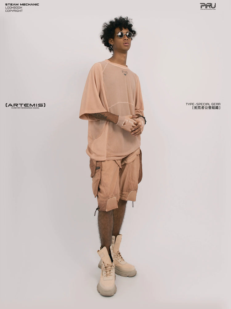 STARFIELD WELDER soft dawn orange distressed mesh tee — material and silhouette detail