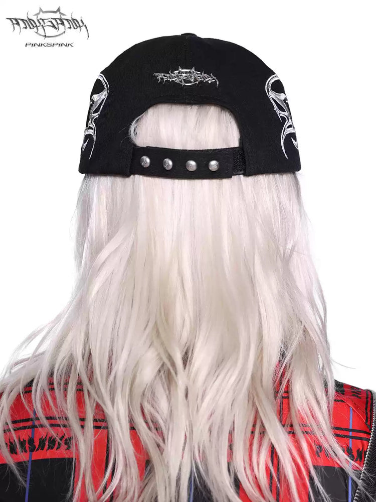 PINKSPINK ELECTRIC MOON black-red racing cap — modeled front styling view