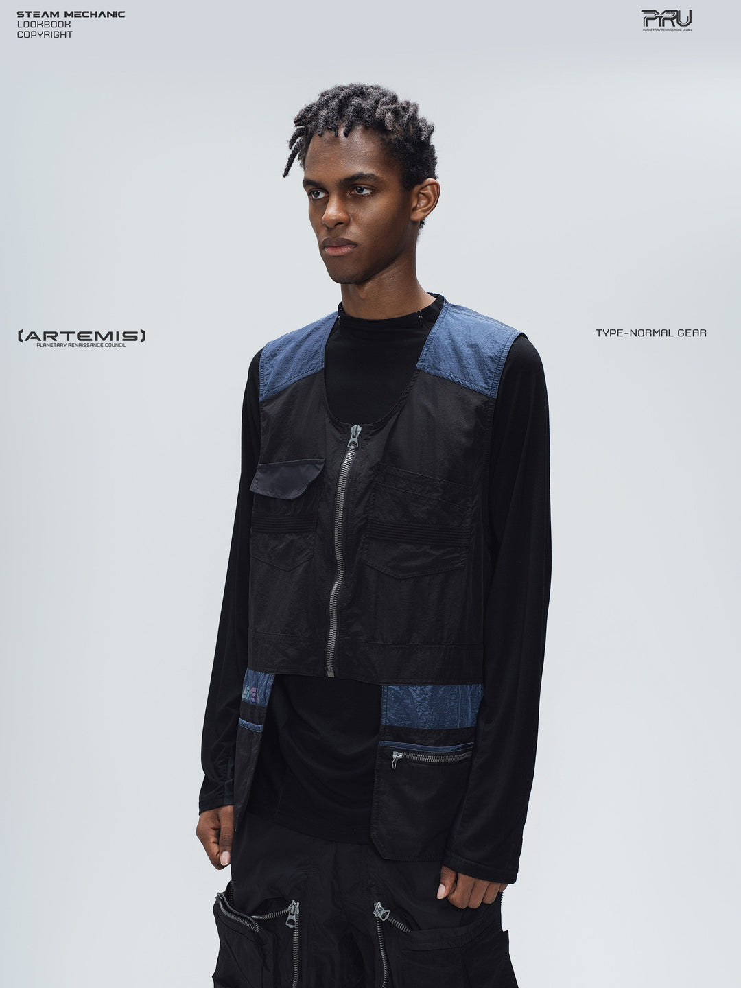PIONEER stardust black multi-pocket technical vest — side modeled view