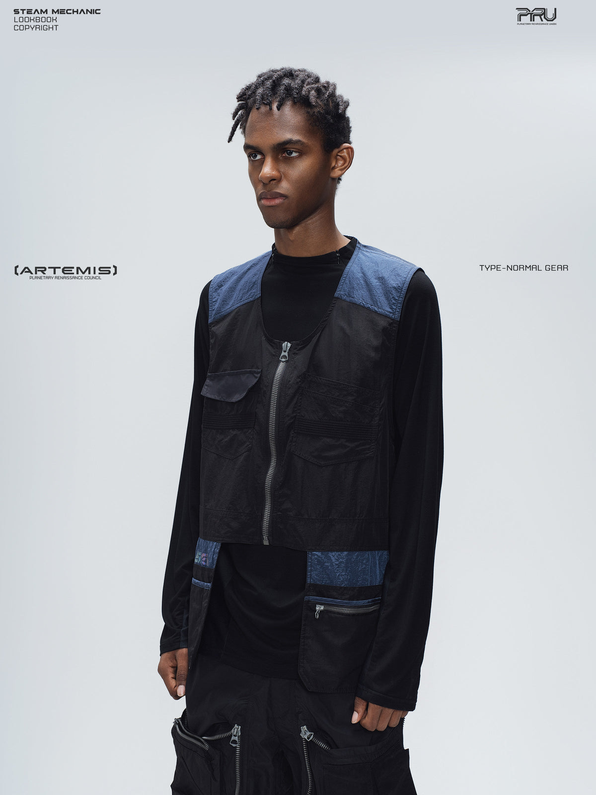 PIONEER stardust black multi-pocket technical vest — side modeled view