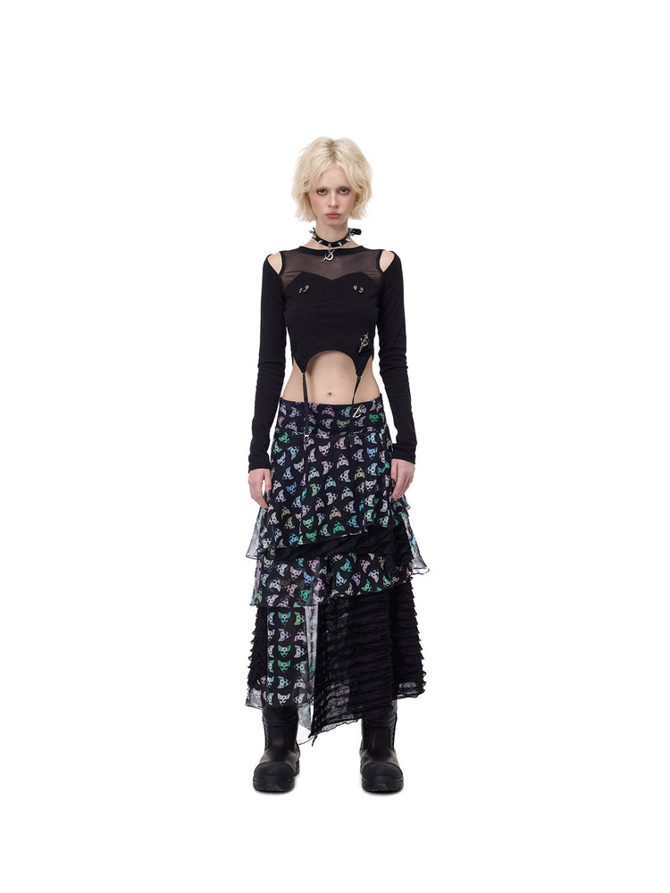 PINKSPINK CAT ALIEN asymmetric mesh maxi skirt — front full-length view with fitted cutout top