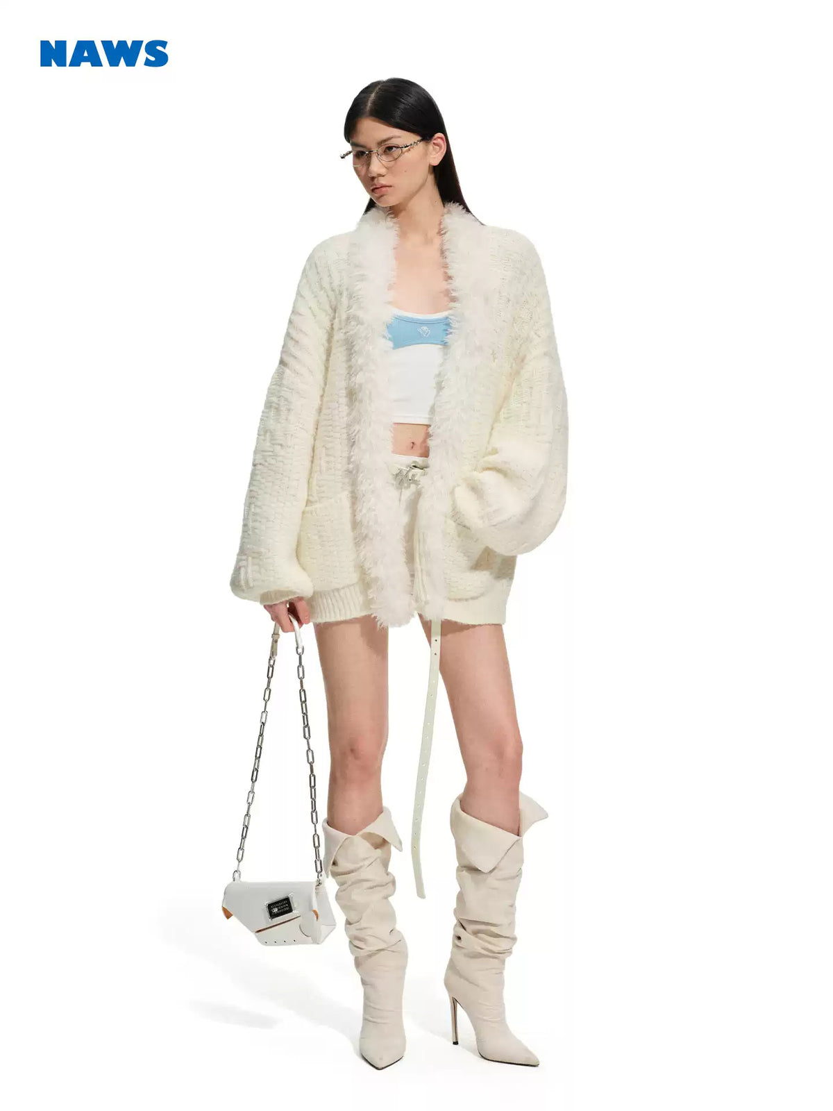 NAWS ARCTIC shearling-collar wool-mohair cardigan — alternate modeled view showing the silhouette