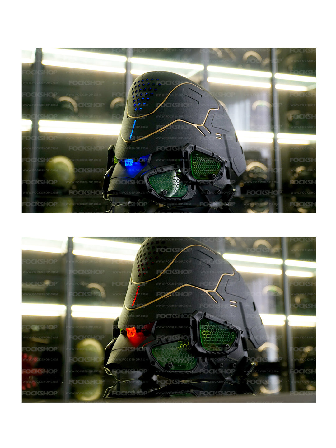FOCKSHOP PROPHECY illuminated cyber mask — original modeled close-ups showing the mask with blue and red light effects