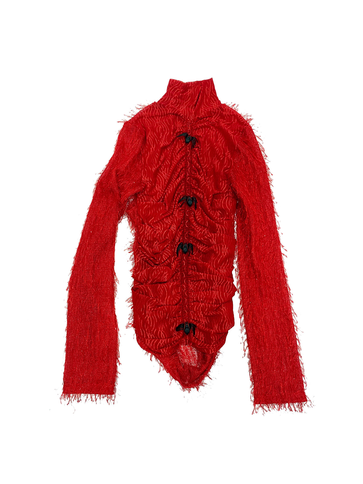 EMBRYO RED SPIDER distressed mesh top — fabric and graphic detail