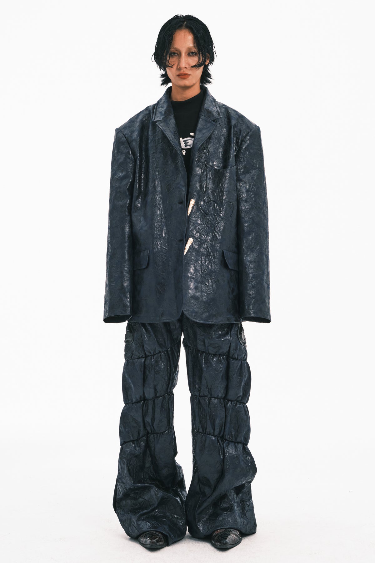 EMBRYO HORN CODE textured PU leather blazer — full-length modeled styling view