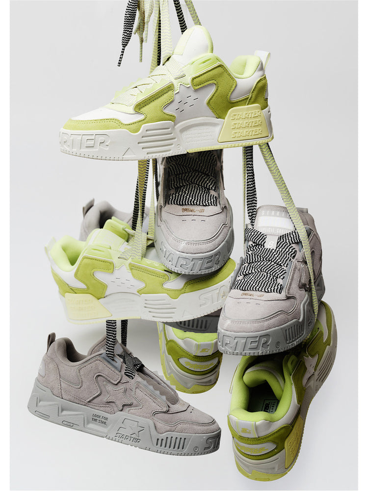 STARTER VOL 90S SONIC Lime Yellow and Gray hanging sneakers showing front, side, heel and sole details