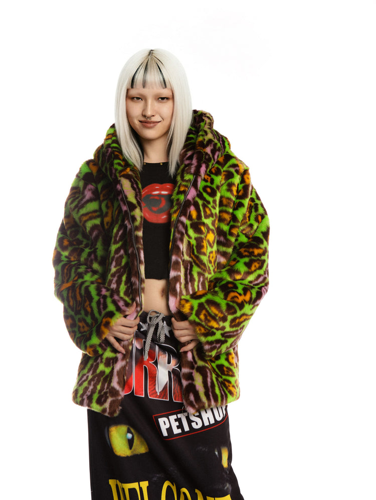 DeadEndKids leopard-print faux-fur hooded jacket in yellow green — front modeled view showing the jacket length