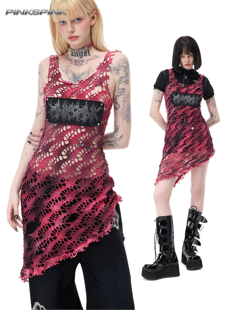PINKSPINK AFTERGLOW distressed open-knit asymmetric dress in hot pink — collage of a close front view and full-length layered dress styling
