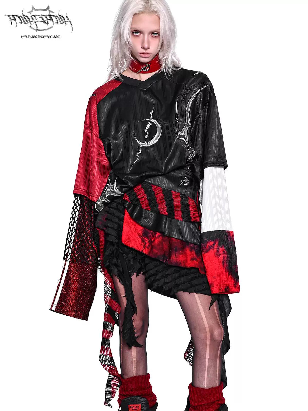 PINKSPINK ELECTRIC MOON layered striped mesh mini skirt — black and red — front modeled view styled with a graphic tee