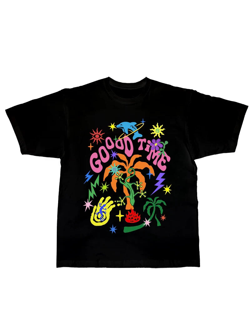 DEADENDKIDS GOOD TIMES oversized graphic tee — alternate modeled angle