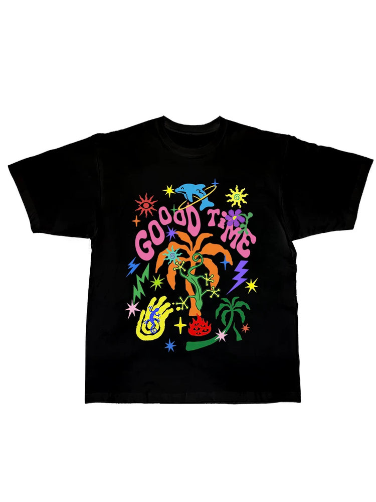 DEADENDKIDS GOOD TIMES oversized graphic tee — alternate modeled angle