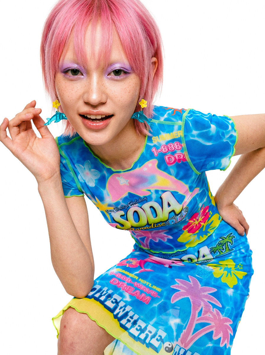 DEADENDKIDS SODA PARADISE mesh top & fishtail skirt — alternate modeled angle