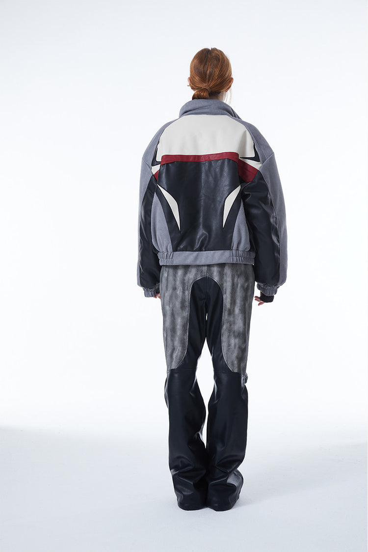 ERRORCODE ROBOT haze-blue contrast-panel padded racing jacket, full-length rear view showing the curved contrast panels