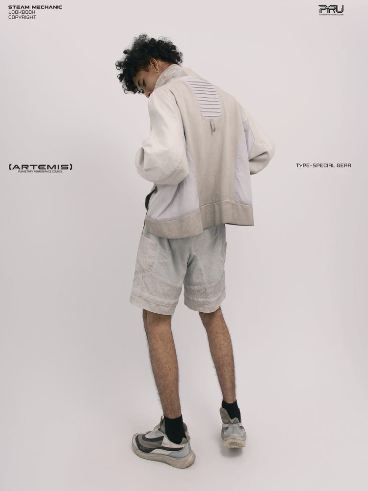 PIONEER eris white detachable-pocket utility hoodie — opposite three-quarter back modeled view showing sleeve and side panels