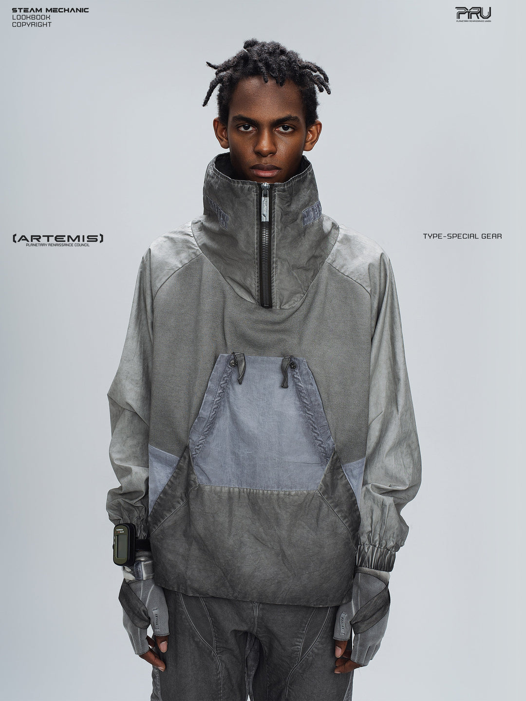 PIONEER moon dust gray detachable-pocket utility hoodie — front modeled product view