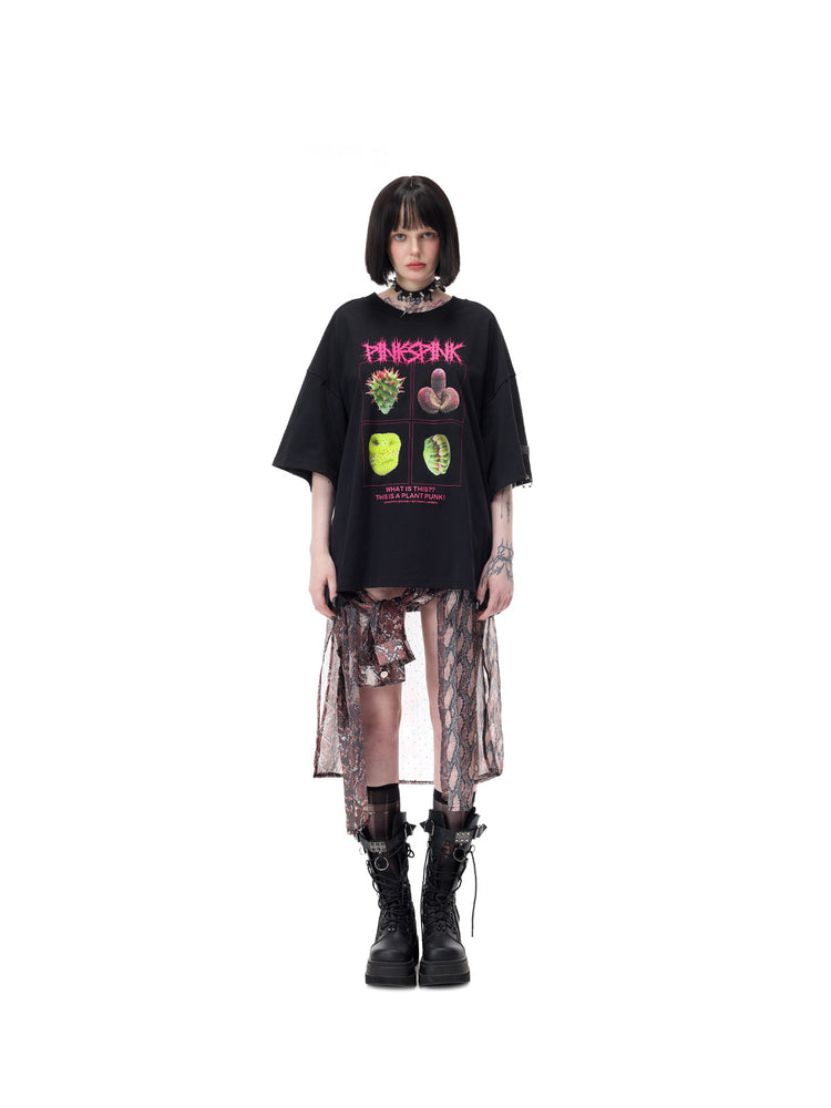 PINKSPINK PLANT PUNK oversized graphic tee in black — centered full-length front modeled view showing the untucked oversized silhouette