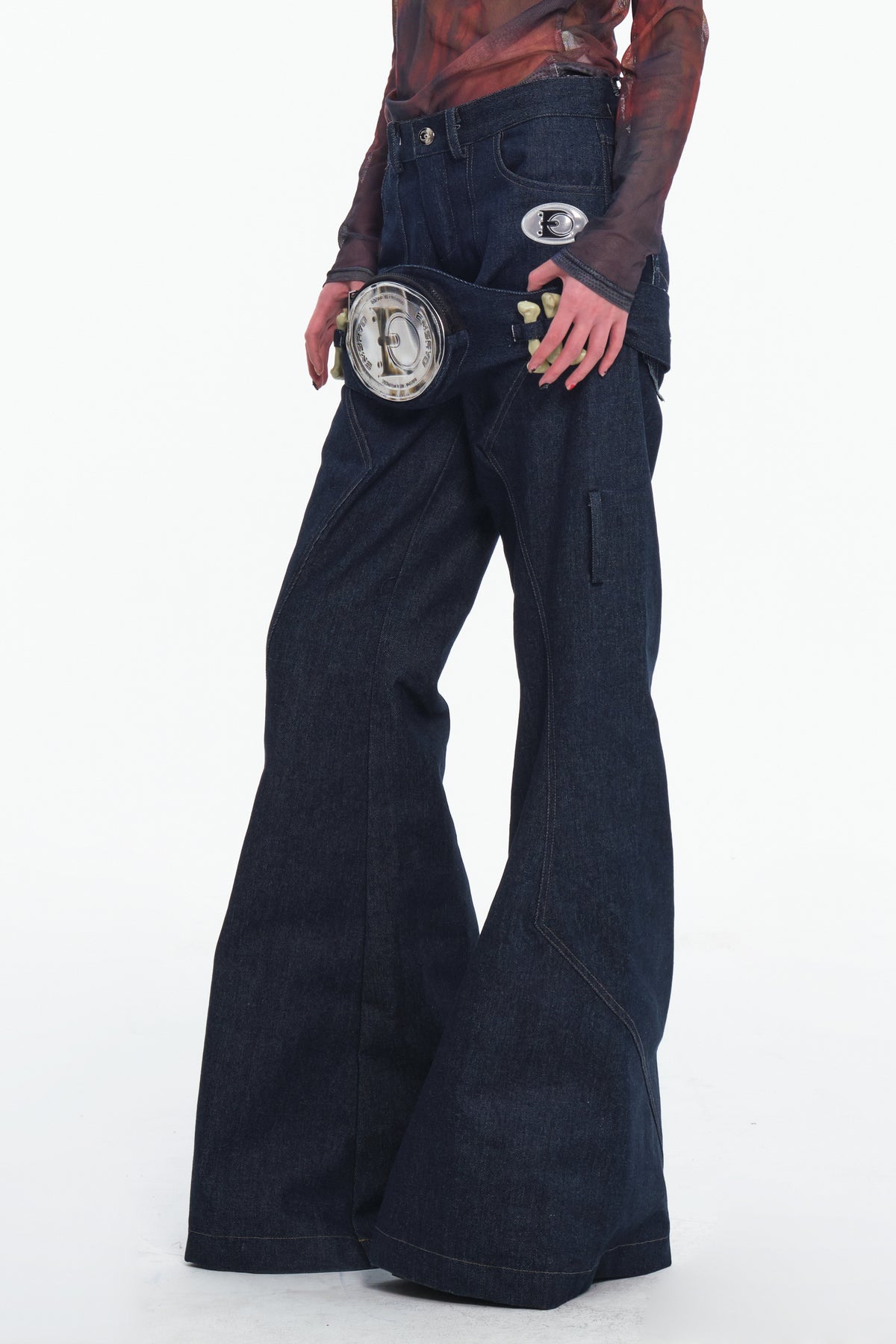 EMBRYO BONE FRAME low-rise flare pants & waist panel — full-length modeled view