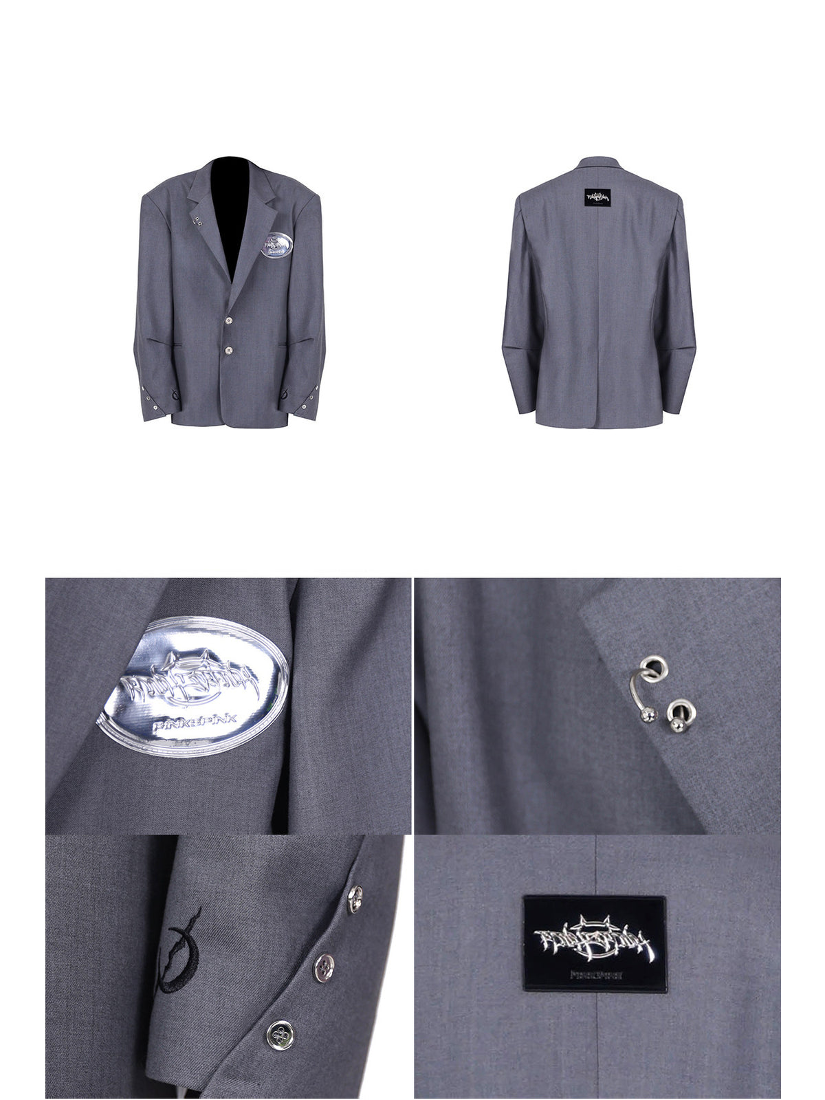 PINKSPINK REBEL pierced oversized tailored blazer in gray — front and back garment views with close-ups of lapel rings, chest emblem and cuffs