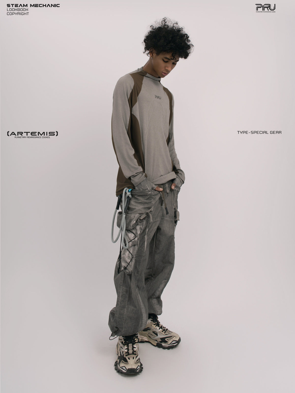 STARCORE ash tundra mesh-panel long-sleeve top b — full-length front three-quarter modeled view looking down