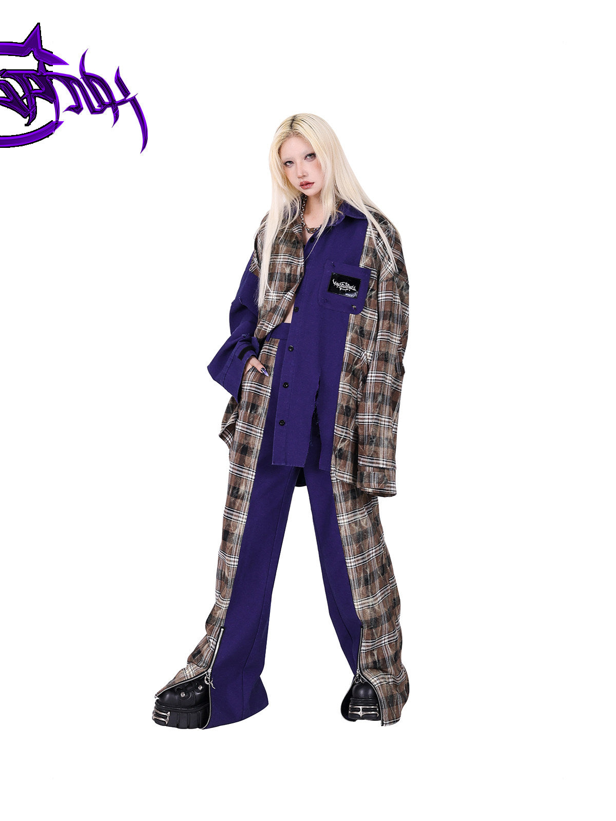 PINKSPINK DNA purple plaid split-panel wide-leg pants — front full-length modeled view with the matching plaid shirt
