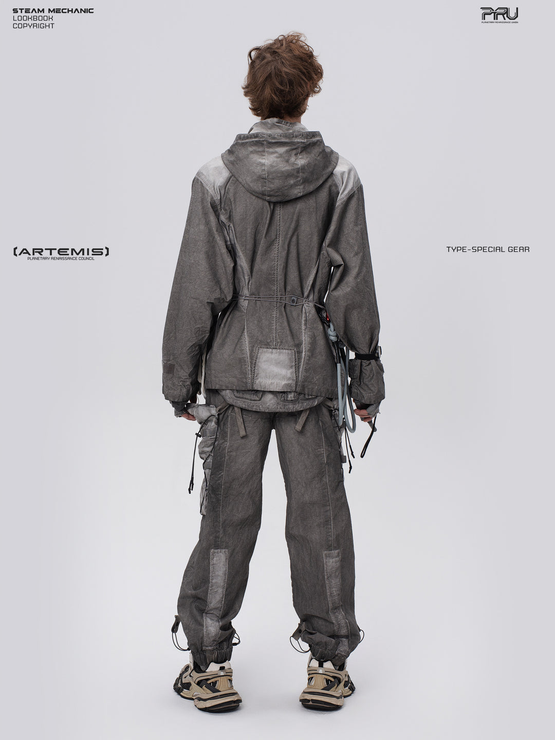 STARCORE meteor gray distressed work jacket — full-length back view showing the hood