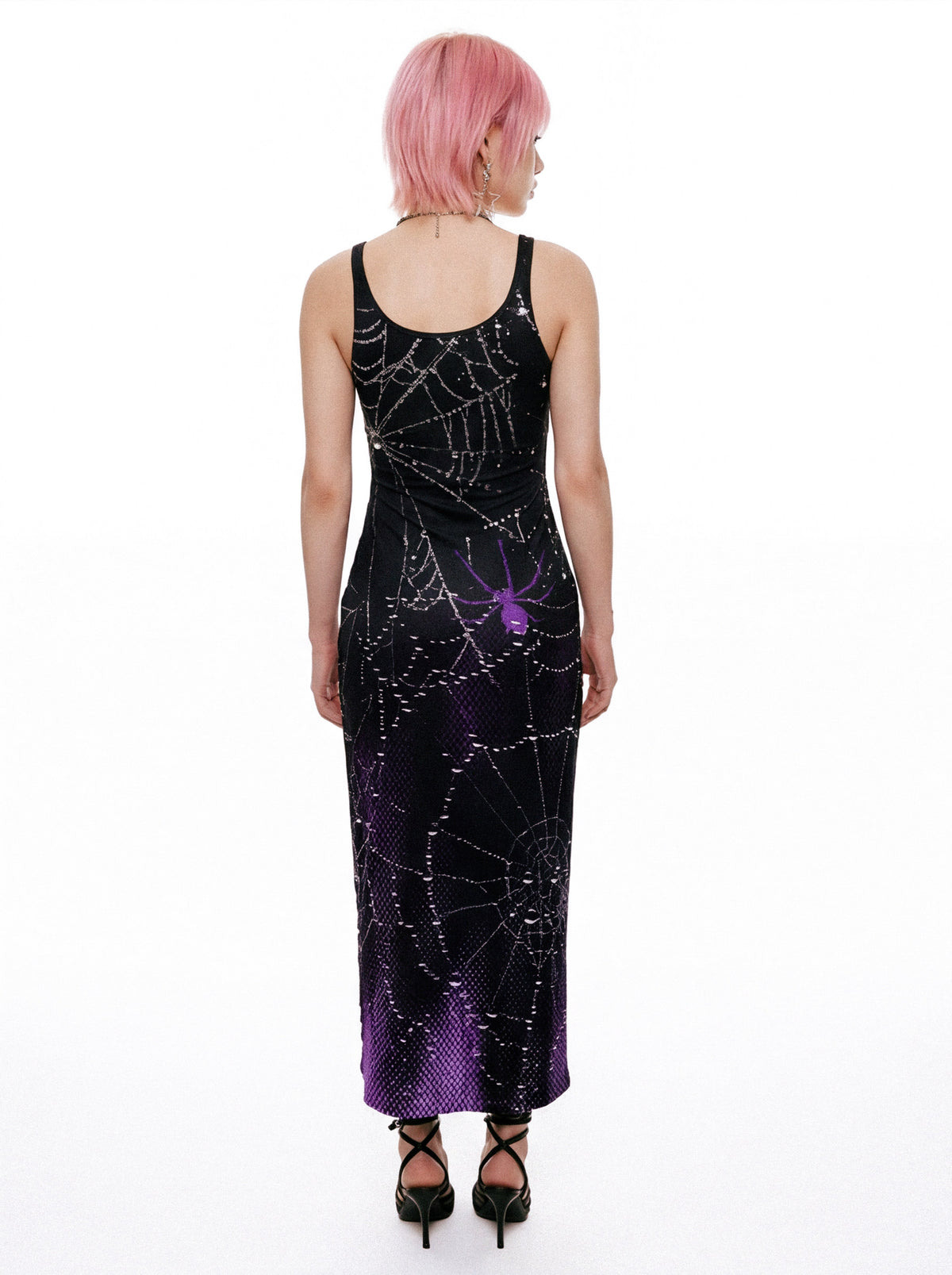 DEADENDKIDS DARK HEART fitted tank maxi dress — rear modeled view