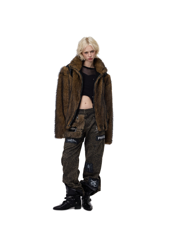 PINKSPINK ELECTRIC MOON paneled faux-fur jacket — side full-length view with jacket open