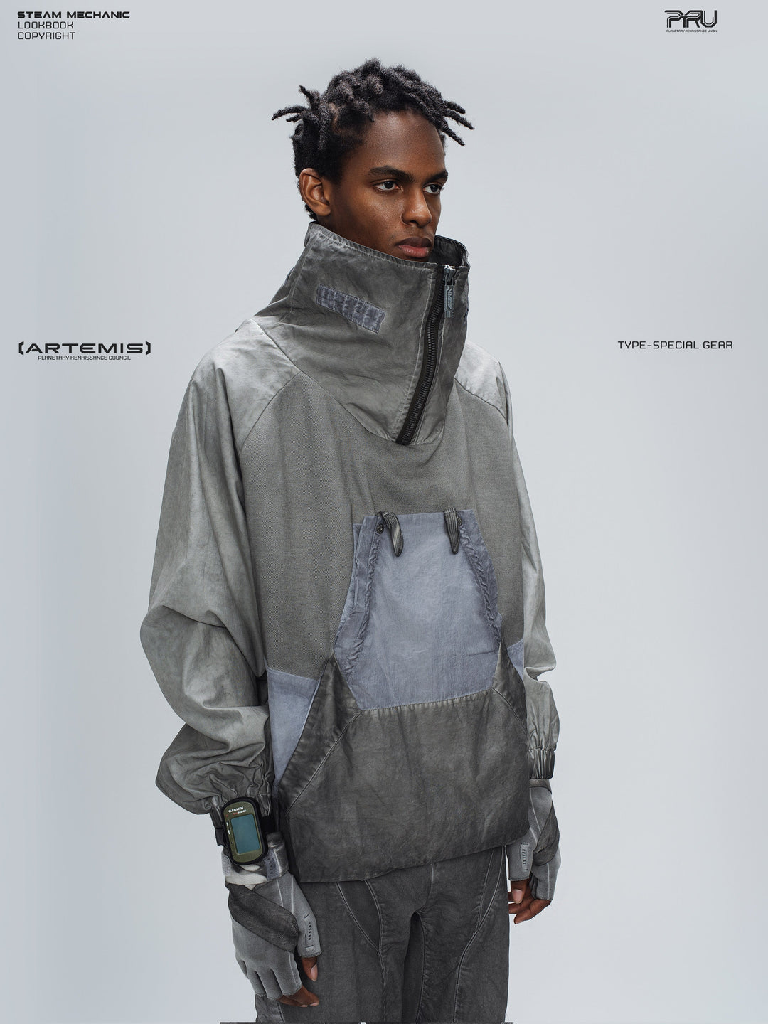 PIONEER moon dust gray detachable-pocket utility hoodie — alternate modeled angle