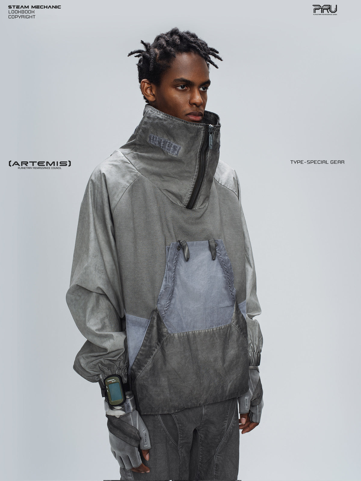 PIONEER moon dust gray detachable-pocket utility hoodie — alternate modeled angle
