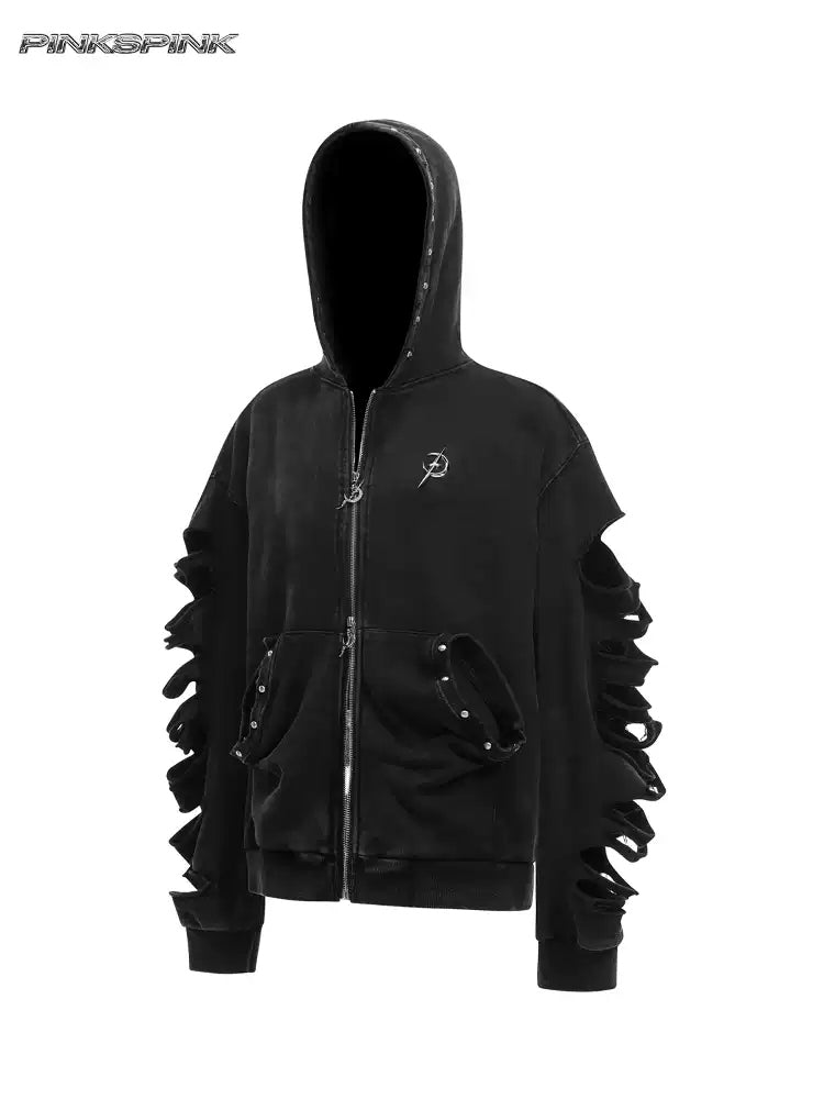 PINKSPINK REMAKE studded distressed zip-up hoodie — alternate gallery view showing the design details