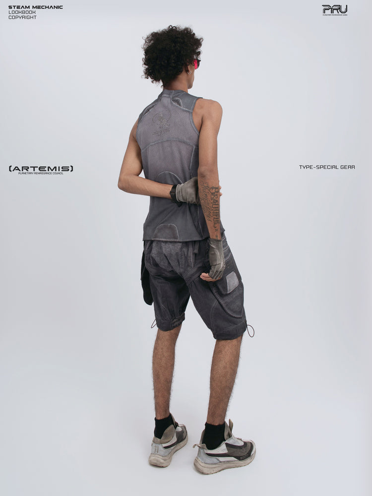 AEGIS stellar blue distressed mesh tank top — three-quarter back modeled view with one arm behind the waist