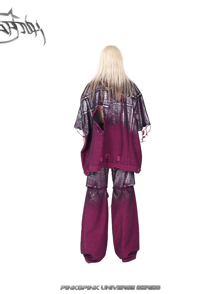 PINKSPINK silver-coated distressed denim jacket in WASTELAND PINK — rear full-body view showing the long straight hem.