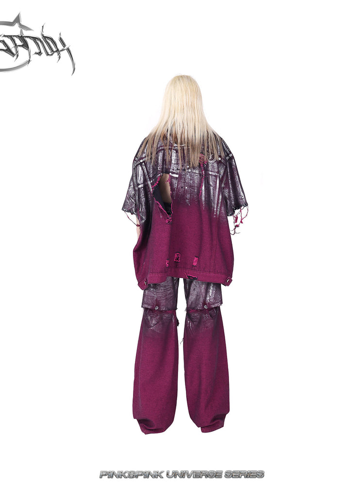 PINKSPINK ELECTRIC MOON silver-coated convertible jeans in burgundy silver — rear full-length modeled view with a matching jacket