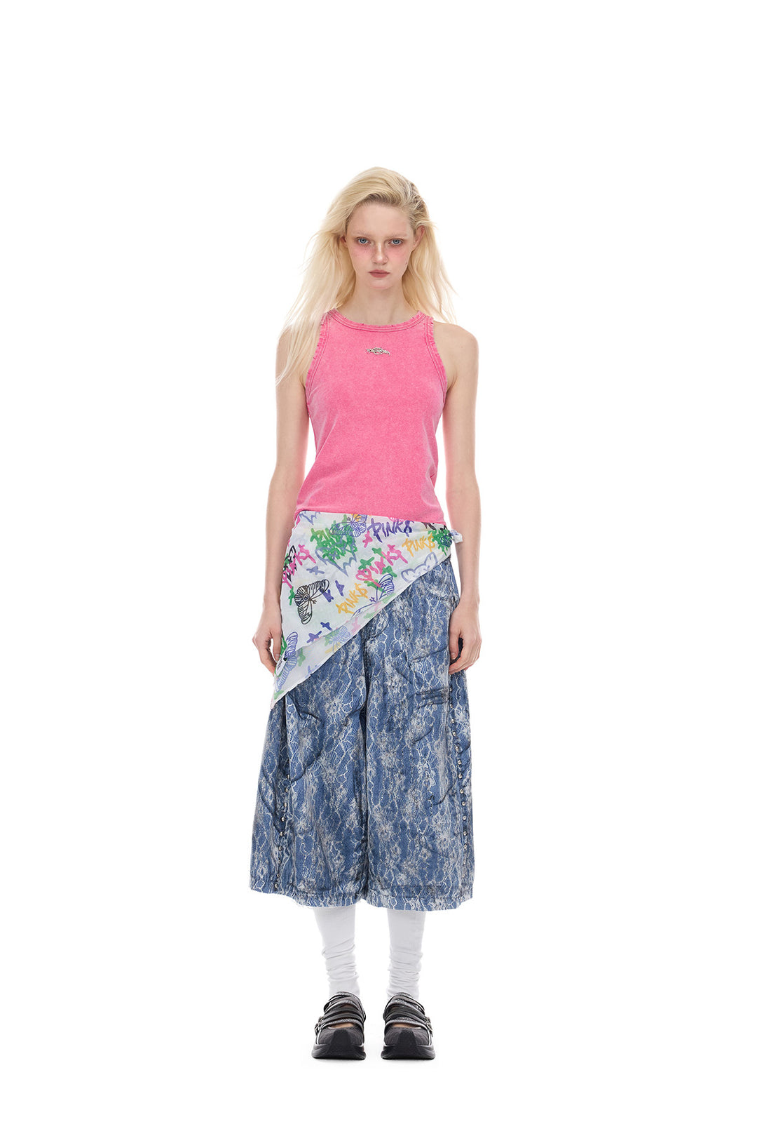 PINKSPINK ELECTRIC MOON lace-coated wide-leg denim shorts in blue — full-length front modeled view with a pink top, white leggings and waist scarf
