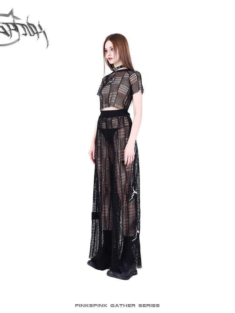 PINKSPINK GEOMETRY open-mesh crop tee in black — side modeled view with sheer mesh pants