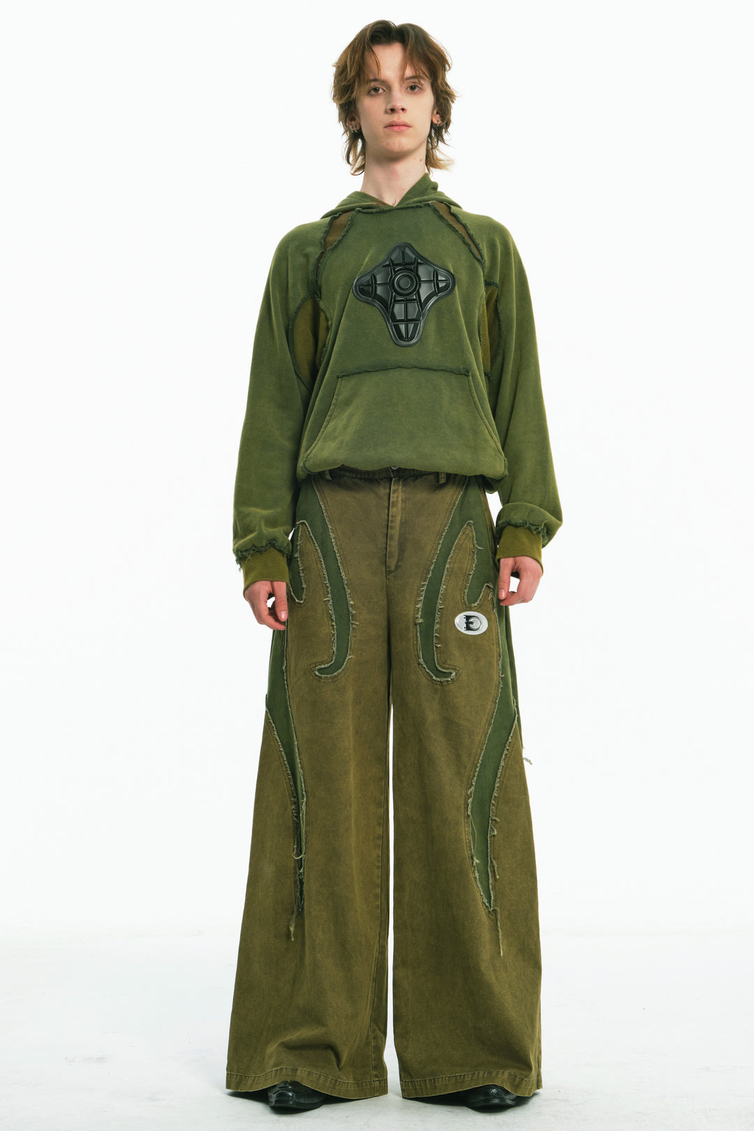 EMBRYO GREEN GUARD distressed wide-leg pants — full-length modeled view