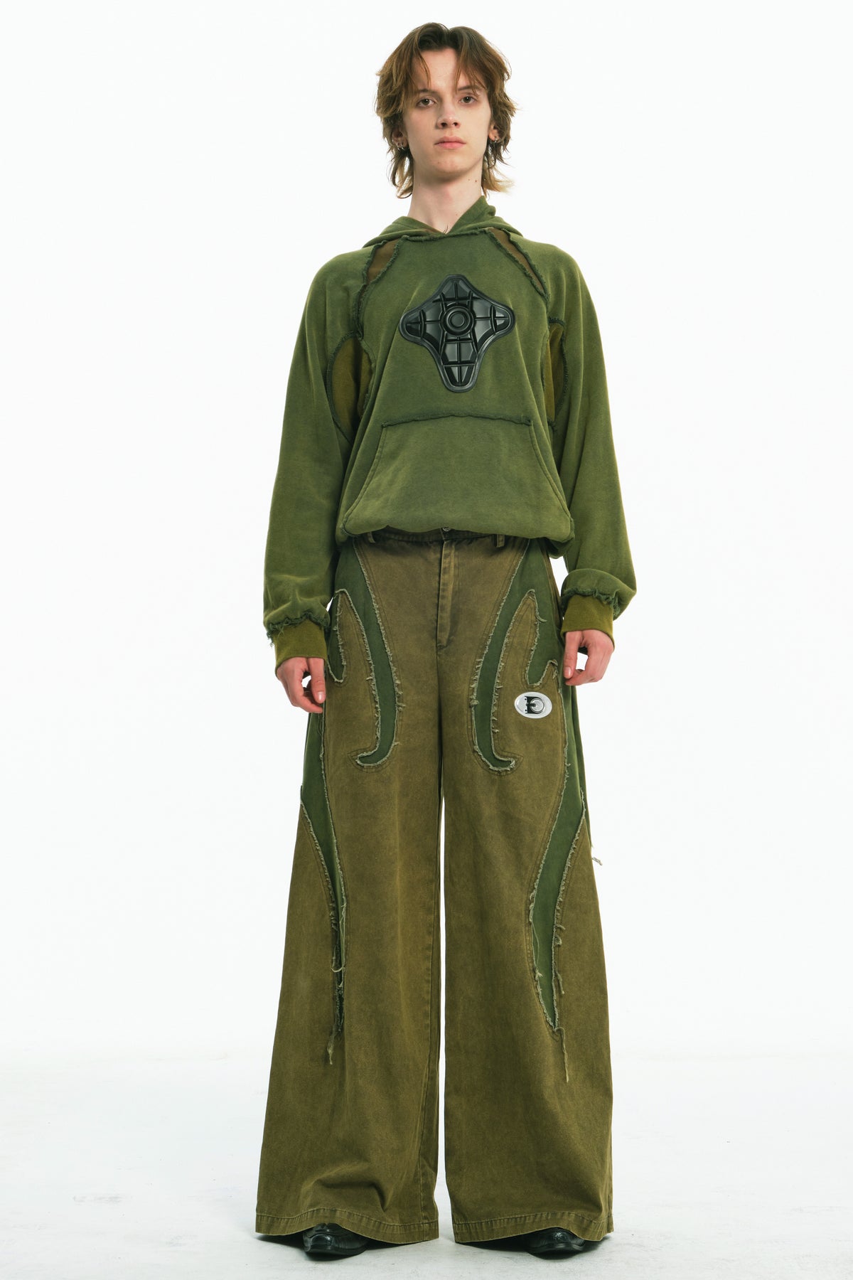 EMBRYO GREEN GUARD distressed wide-leg pants — full-length modeled view