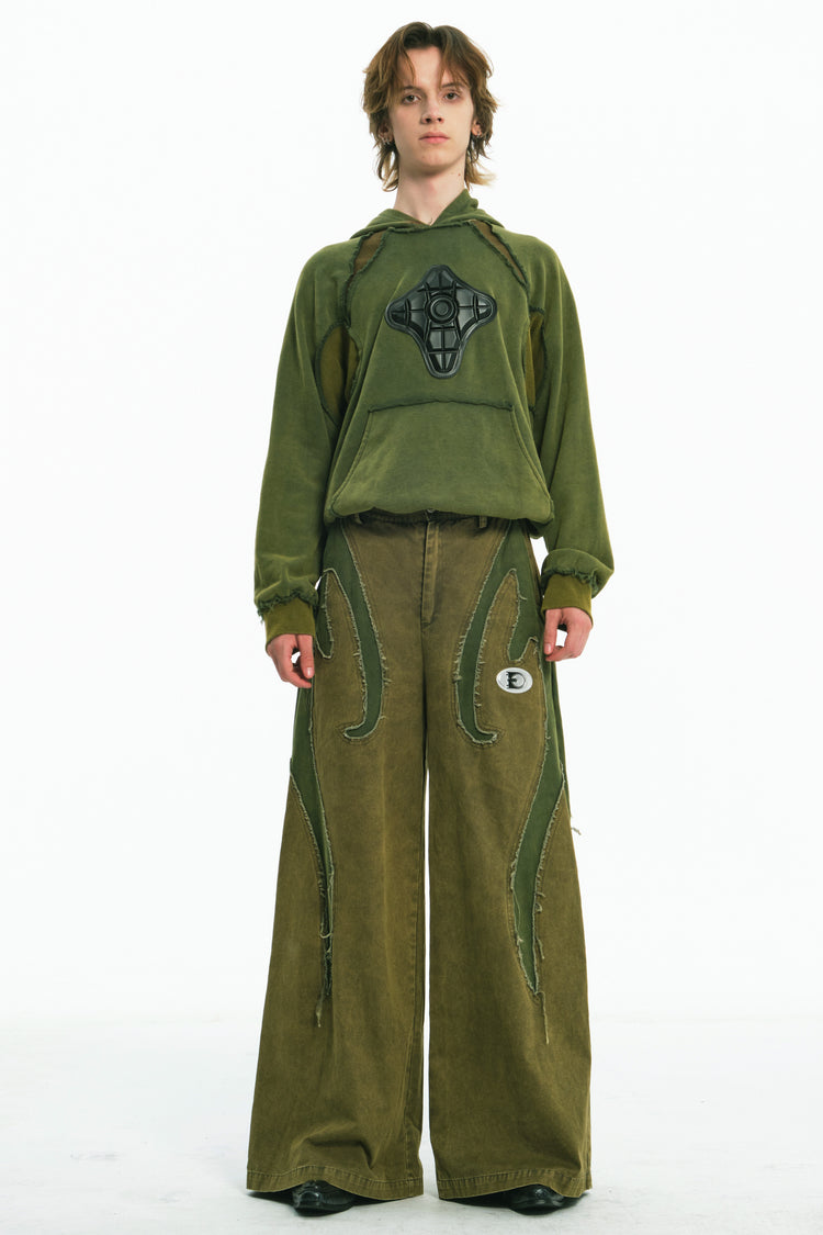 EMBRYO GREEN GUARD distressed wide-leg pants — full-length modeled view