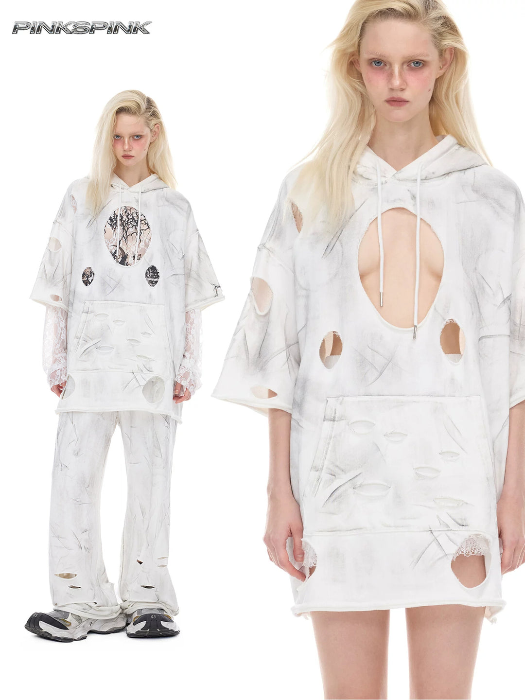 PINKSPINK ELECTRIC MOON coated distressed hoodie — cleaned hero collage showing the complete design