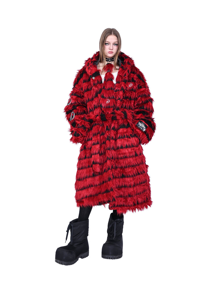 PINKSPINK ELECTRIC MOON black-red faux-fur hooded long coat — red and black full-length front modeled view with hands at the waist