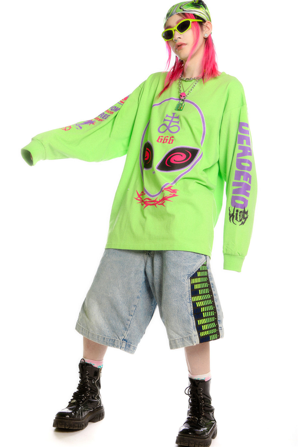 DEADENDKIDS ALIEN 666 neon graphic sweatshirt — alternate modeled angle