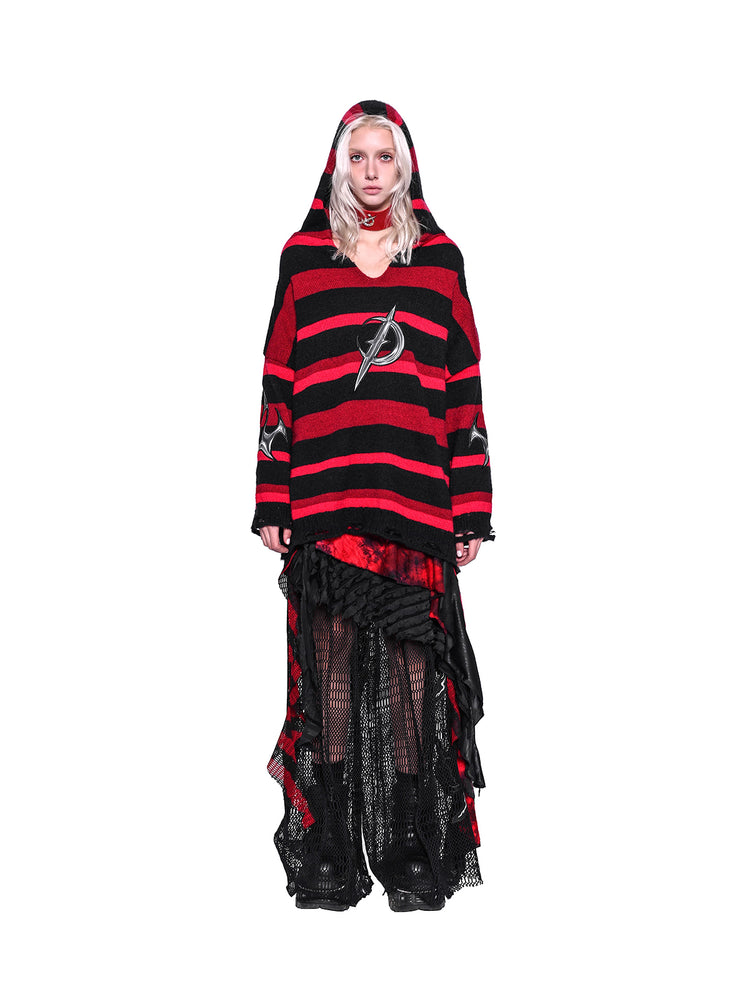 PINKSPINK ELECTRIC MOON striped hooded sweater in BLACK AND RED — straight-on full-body view with chest emblem and wide sleeves.