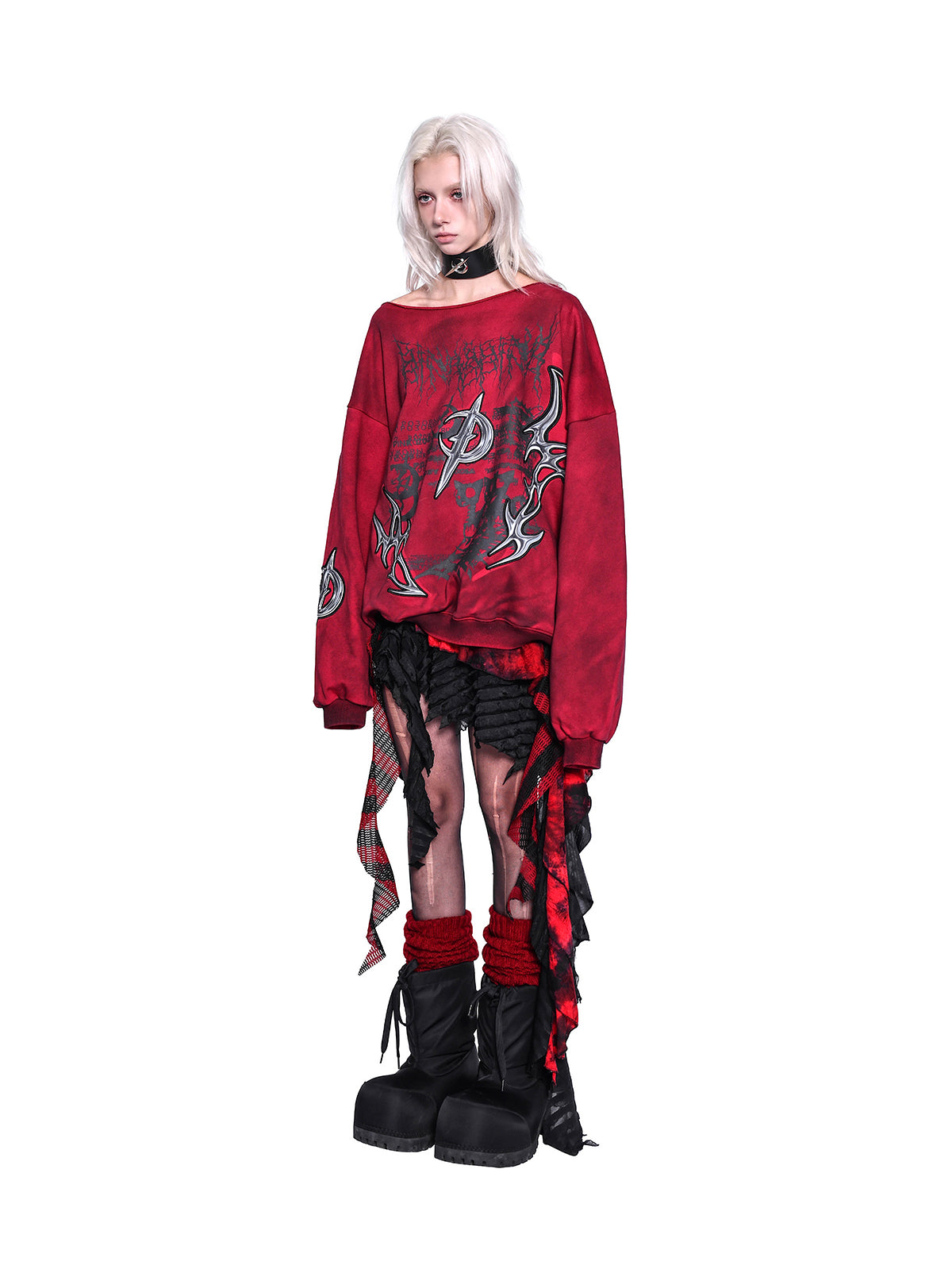 PINKSPINK ELECTRIC MOON off-shoulder sweatshirt in RED — full-body angled front view styled with a black skirt.